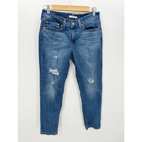 Levi's Medium Wash Distressed Boyfriend Denim Jeans Cotton Stretch Women Size 27 - Picture 1 of 9